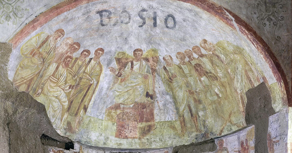 An image of Christ seated on a throne surrounded by his apostles can be seen in a burial chamber in the catacombs of St. Domitilla in Italy.