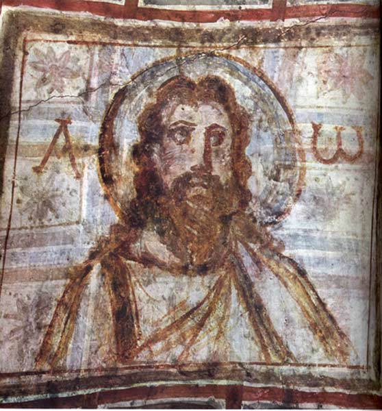 Mural painting from the catacomb of Commodilla. One of the first bearded images of Jesus, late 4th century